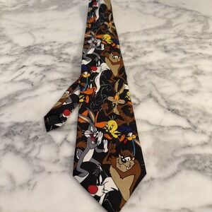 Looney Tunes Men's Neck Tie with Taz Sylvester Bugs Daffy Tweety Bird Black